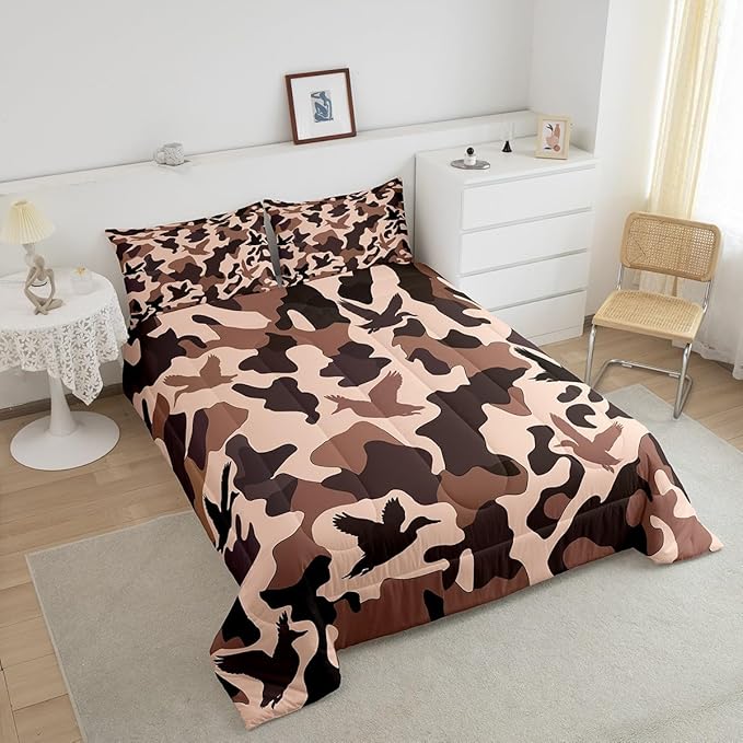 Erosebridal Camo Comforter Set King Size Duck Hunter Bedding for Kids Girls Army Camouflage Hunting Bedding Comforter Sets Vintage Pink Brown Room Decor Wild Animal Duck Farmhouse Duvet Insert