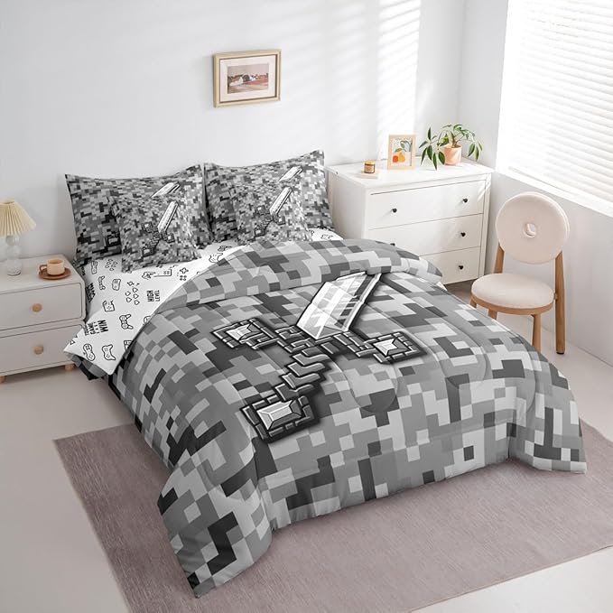 Castle Fairy Grey Pixel Style 7 Piece Comforter Set Queen Size,Geometric Miner Grid All Season Reversible Bed in a Bag Cool Sword Bedding Sets Video Games Flat Sheet,Fitted Sheet,Pillowcases