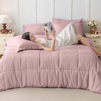 JOLLYVOGUE Queen Comforter Set, Ultra-Soft Bed in a Bag Queen Size 7 Pieces, Oeko-TEX Certified Bedding Set with Down Alternative Comforter, Sheets, Pillowcases & Shams, Camio Pink