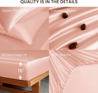 THXSILK Luxury Mulberry Silk Fitted Sheet Set 3 Pcs, King Silk Bed Sheet Set with 16" Deep Pockets, Soft & Cooling Sheets, 1 Fitted Sheet, 2 Pillowcases with Zipper Closure - Charming Pink