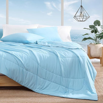 Monbix ChillChilla Cooling Comforter Queen Size-3 Pieces Cooling Blankets for Hot Sleepers and Night Sweats, Double-Sided Summer Queen Comforter Set, Breathable Lightweight Blanket Blue