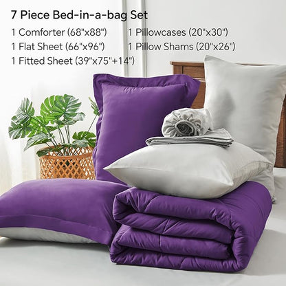 BEDELITE Twin Comforter Set 5 Pieces Bed in A Bag - Soft Microfiber Reversible Purple Bed Set with Comforters, Sheets, Pillowcase & Sham, Cozy Luxury Bedding Sets for All Season