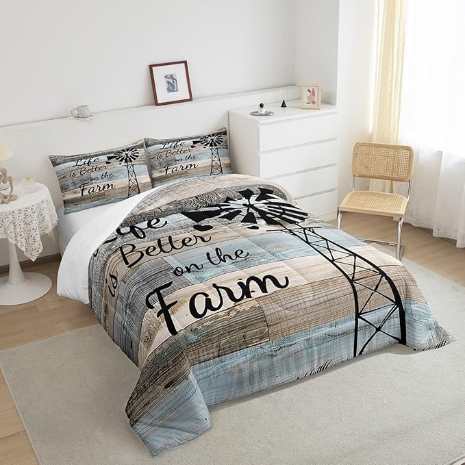 Country Farm Bedding Set Queen For Kids Boys Girls,Windmill Silhouette Quilt Comforter Rustic Farmhouse Comforter Set Patchwork Blue Grey Brown Barn Door Duvet Insert Western Room Decor 2 Pillow Cases