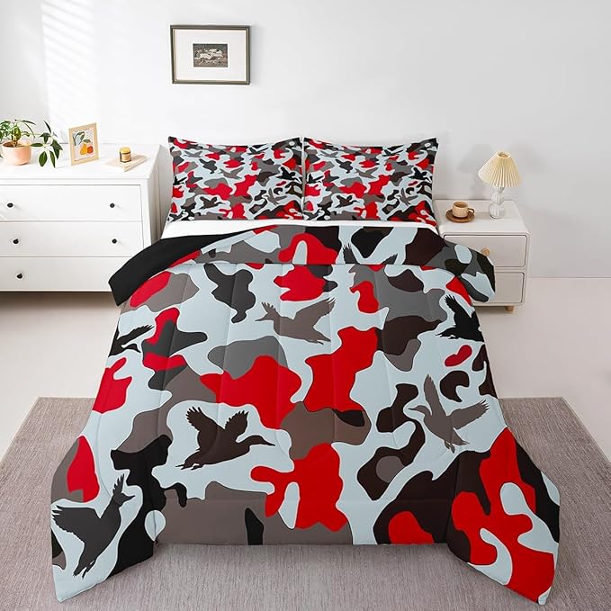 Erosebridal Farmhouse Duvet Insert Toddler Size Camo Bedding for Kids Army Camouflage Hunting Bedding Comforter Sets Vintage Red Grey Bedroom Decor Wild Animal Duck Rustic Comforter Set