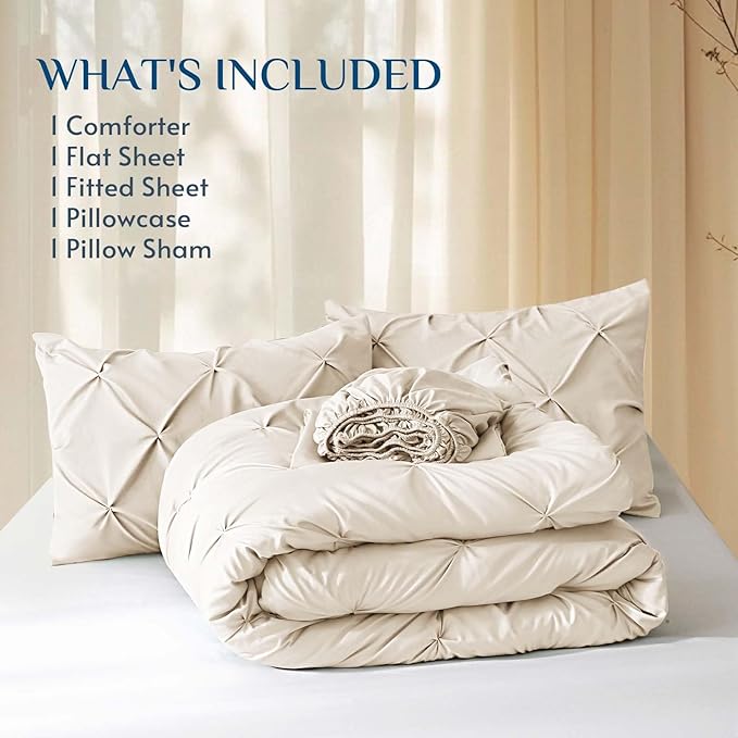 JOLLYVOGUE Twin Comforter Set 5 Pieces - Bed in a Bag Twin for All Season, Pintuck Bedding Comforter Sets with Comforter, Flat Sheet, Fitted Sheet and Pillowcases & Shams, Beige