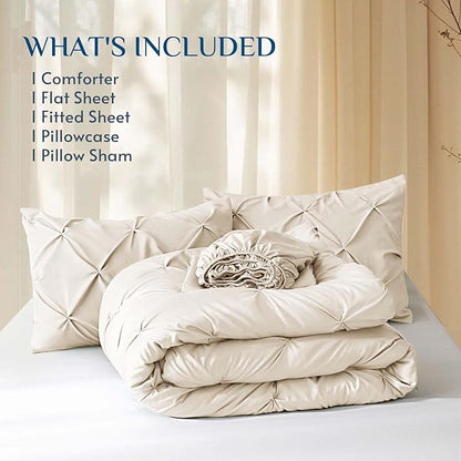 JOLLYVOGUE Twin XL Comforter Set 5 Pieces - Bed in a Bag Twin XL for All Season, Pintuck Bedding Comforter Sets with Comforter, Flat Sheet, Fitted Sheet and Pillowcases & Shams, Beige