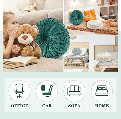 3 Pcs Round Throw Pillows Decorative Velvet Pleated Throw Pillows 15'' Diameter Accent Pumpkin Boho Chair Cushion for Couch Sofa Chair Bed Home Decoration (White,Light Green,Green)