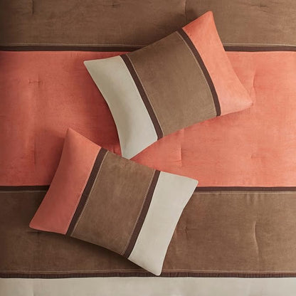 Madison Park Palisades Comforter Set Modern Faux Suede Pieced Stripe Design, All Season Down Alternative Cozy Bedding with Matching Shams, Decorative Pillows, Cal King(104"x92"), Coral 7 Piece