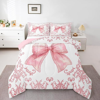 jejeloiu Girls Pretty Ribbon Pink Bow Bedding Set Queen Size Pink Damask Comforter Set for Kids Women Cute Bow Duvet Set Princess Quilt Set 3Pcs