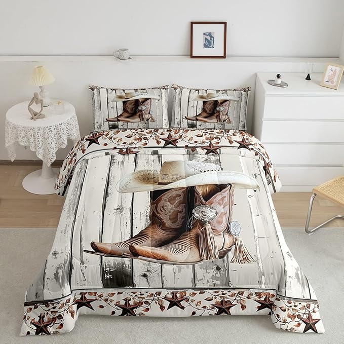 Erosebridal Western Texas Star Comforter Set King Size, Rustic Horseshoe Bedding Set Country Wooden Door Quilt for Kids Teens Adult Men Bedroom, Retro Cowboy Farmhouse Bedding Comforter Sets