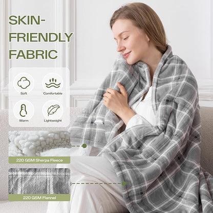 Electric Blanket Heated Throw, 50" x 60" Heated Blanket with 8 Heat Levels & 8 Hours Auto Off, Fast Heating Blankets with ETL & FCC Certification, Grey Plaid
