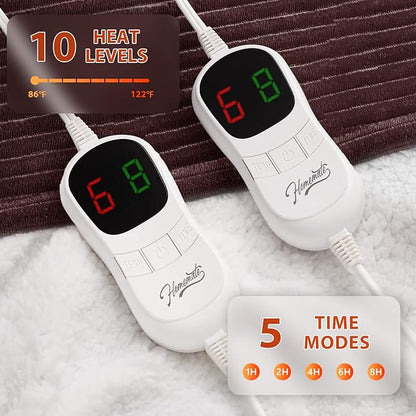 Homemate Electric Heated Blanket King Size - 100"x90" Heating Blanket King Size Dual Control 1/2/4/6/8 Hours Auto-Off 10 Heat Level Over-Heat Protection Soft Flannel Sherpa ETL Certification