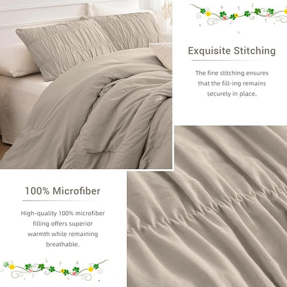 Lady Ann Queen Size Boho Comforter Sets - Linen Feel Ruched Bedroom Sets, 3 Piece Fluffy Bedding Comforter Sets, Ultra Soft & Luxurious All Season Boho Bedding Sets for Women Men