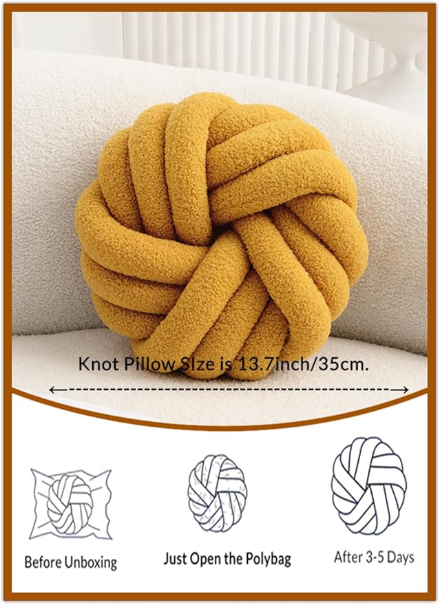 Yellow Knot Pillow 13.7'' Round Throw Pillow Soft Plush Knot Ball Pillow Handmade Knotted Pillow Modern Home Decorative Knotted Pillow Cushion for Bed Bedroom, Sofa, Couch
