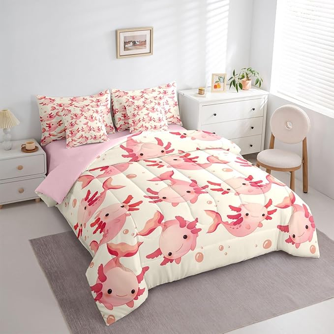Erosebridal Axolotl Bed in A Bag Twin | Kawaii Pink Salamander Mermaid 7 Piece Comforter Set Ocean Animals Sheet Set Breathable Lightweight Underwater World Fitted Sheet Reversible