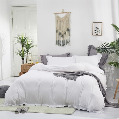 CLOTHKNOW White Ruffles Twin/Twin XL Comforter Set Farmhouse Bedding Comforter Sets Shabby Chic Comforter Vintage Rustic Comforter with 2 x Pillowcases
