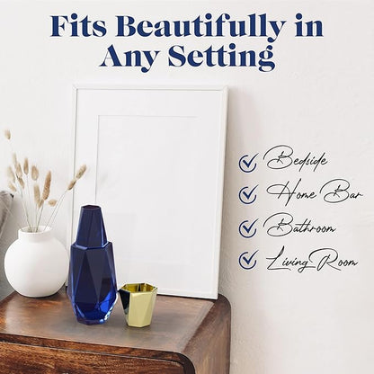 American Atelier 37 oz Modern Geometric Bedside Carafe Set – 2-Piece Glass Water Carafe with Cup Lid, Angular Nightstand Drinkware for Water, Juice & Mouthwash, Elegant Home Accessory (Navy/Gold)