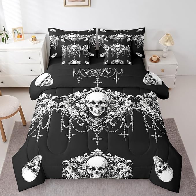 Gothic Bed in a Bag King Size Comforter Set 7 Pieces,Goth Sugar Skull Black And White Damask Bedding Set,Bohemian Vintage Floral Comforter and Sheet Set,Exotic Antique Victorian Baroque Decor