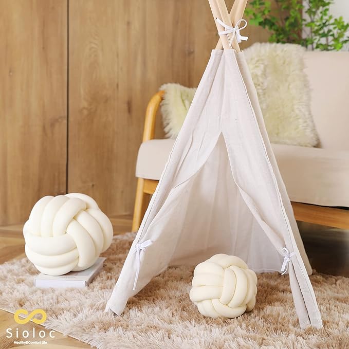 Sioloc Soft Knot Ball Pillows,Round Throw Pillow Cushion Home Decoration Plush Pillow,Throw Knotted Pillow Handmade Round Plush Pillow（13.7inches,Ivory）
