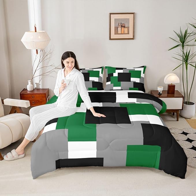 Castle Fairy Green Grey Black Bedding Set for Boys Girls,Geometric Grid Square Splicing All Season Cozy Comforter Set Full Size,Modern Abstract Art Duvet Set Bedroom Decor,Festival Gifts