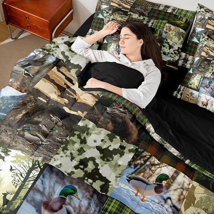 Erosebridal Cabin Rustic Bed in a Bag King Size Comforter Set 7-Piece | Deer Mallard Duck Bedding Sets Mens Camo Hunting Comforter and Sheet Set, Woodland Animals Farmhouse Room Decor,Country Decor