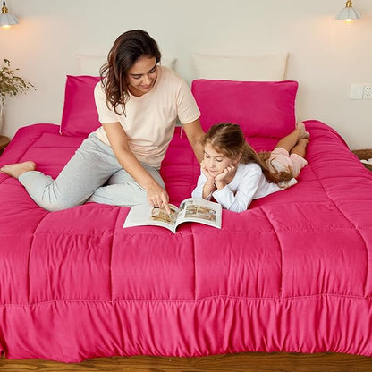 Exclusivo Mezcla Lightweight Reversible Full Queen Size Comforter Set, Down Alternative Comforter with 2 Pillow Sham, Full Queen Size Bedding Set for All Seasons, Hot Pink/Bright Pink