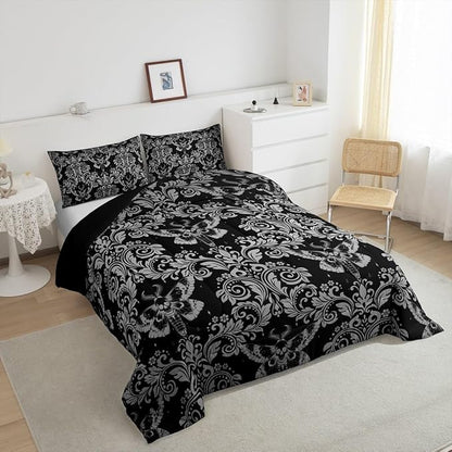 Feelyou Adults White Black Vintage Damask Floral Comforter Set Oriental Antique Comforter King Size Gothic Bohemia Boho Flower Bedding Set Gothic Skull Duvet Set Quilt Set 3Pcs