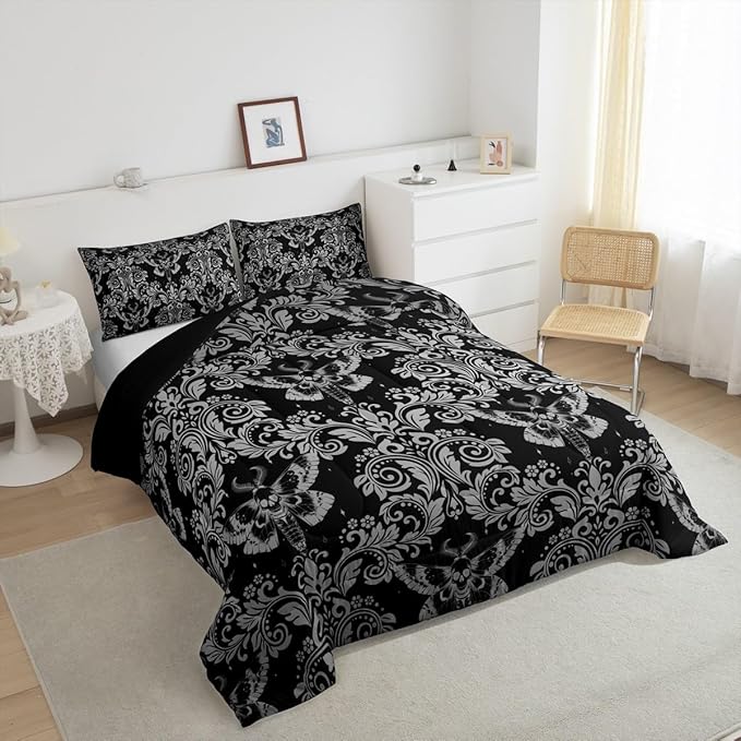 Feelyou Adults White Black Vintage Damask Floral Comforter Set Oriental Antique Comforter Twin Size Gothic Bohemia Boho Flower Bedding Set Gothic Skull Duvet Set Quilt Set 2Pcs