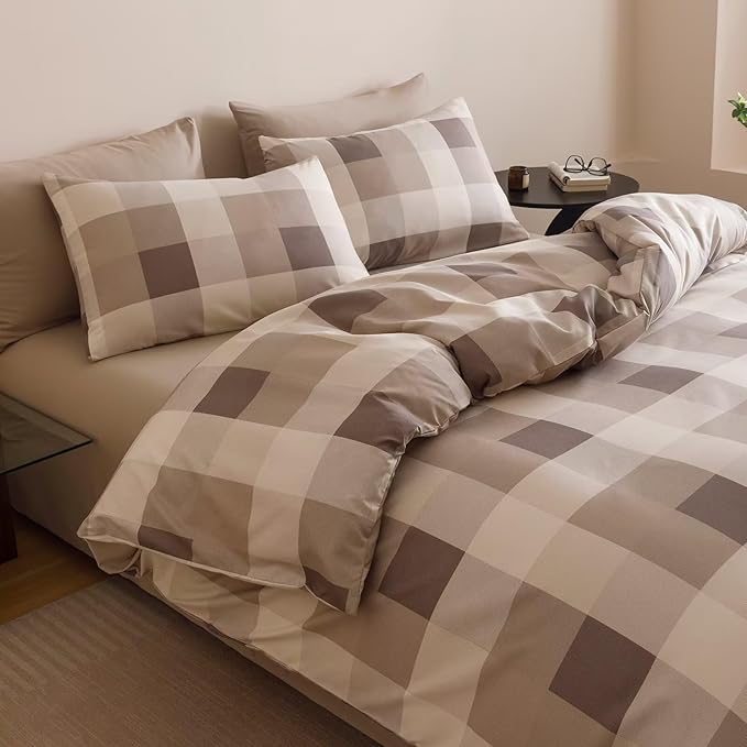 Houseri Coffee Color Plaid Comforter Set Full Vintage Grid Bedding Sets