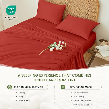 THXSILK Luxury Mulberry Silk Bed Sheets Set - 4pcs Silk Sheets Set 16" Deep Pocket - 1 Fitted Sheet, 1 Flat Sheet, 2 Pillowcases with Zipper Closure - Calfornia King, Red/Crimson