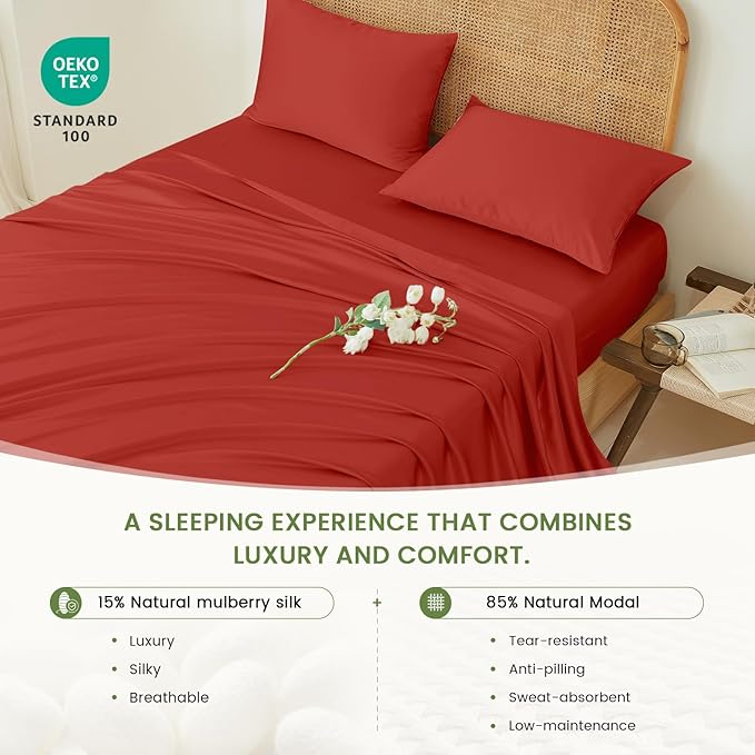 THXSILK Luxury Mulberry Silk Bed Sheets Set - 4pcs Silk Sheets Set 16" Deep Pocket - 1 Fitted Sheet, 1 Flat Sheet, 2 Pillowcases with Zipper Closure - Full, Red/Crimson
