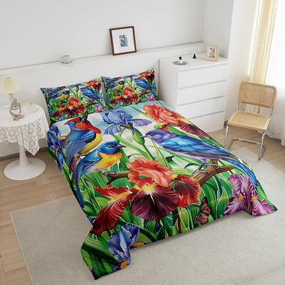 Erosebridal Floral Hummingbird Comforter Set Twin,Rustic Farmhouse Flowers Bedding Set Retro Watercolor Colorful Irises Bed Comforter Set for Kids Adults,Country Garden Style Quilt Duvet