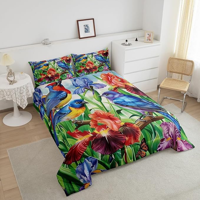 Erosebridal Floral Hummingbird Comforter Set Full,Rustic Farmhouse Flowers Bedding Set Retro Watercolor Colorful Irises Bed Comforter Set for Kids Adults,Country Garden Style Quilt Duvet