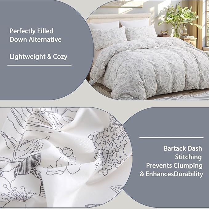 Floral Comforter Set King Size 100% Cotton Comforter Sets, Reversible Grey Floral Comforters Lightweight All Season Farmhouse Bedding with Matching Pillowcases