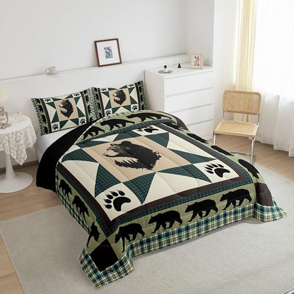 Erosebridal Black Bear Queen Comforter Set Western Bedding Set Patchwork Geometric Triangle Lattice Quilt Woodland Wildlife Bear Paw Print Duvet Insert,Green Checkered Buffalo Plaid Decor