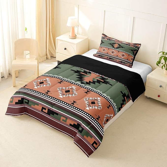 Erosebridal Southwestern Comforter Set Twin Bohemian Geometric Quilt,Ethnic Tribal Arrow Bedding Set Western Duvet Insert,Country Decor Western Room Decor for Bedroom Green Brown