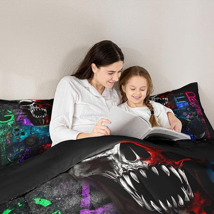 Gamer Bedding Sets for Boys, Gaming Down Comforter Full Size, Gamer Room Decor Bedding Kids Video Games Comforter Set, Sugar Skull Gamepad Bed Duvet Sets for Men Bedroom,with 2 Marble Pillow Sham