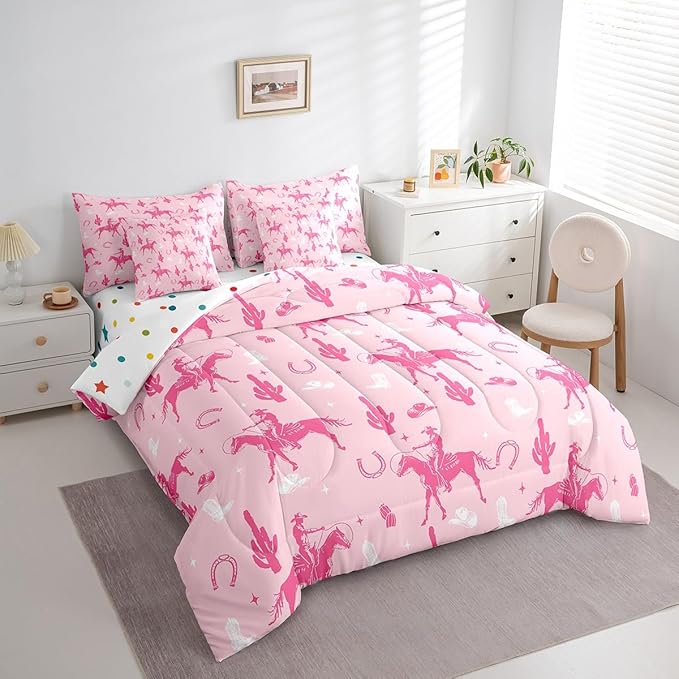 Feelyou Pink Western Cowgirl Comforter Set with Sheets Twin Size Kids West Cowboy Horse 7 Pieces Bedding Set for Boys Girls Teens Rodeo Horseshoe Hat Bed in a Bag Grunge Design Bed Set Cactus
