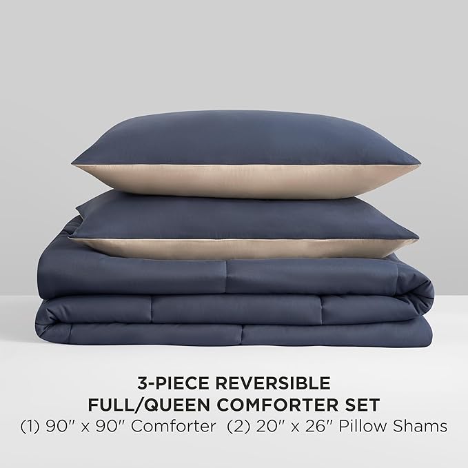 Reversible Box Stitch Comforter Set, 3-Piece Full/Queen – Navy Blue/Tan – Stylish Bedding Set