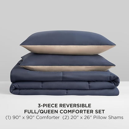 Reversible Box Stitch Comforter Set, 3-Piece Full/Queen – Navy Blue/Tan – Stylish Bedding Set