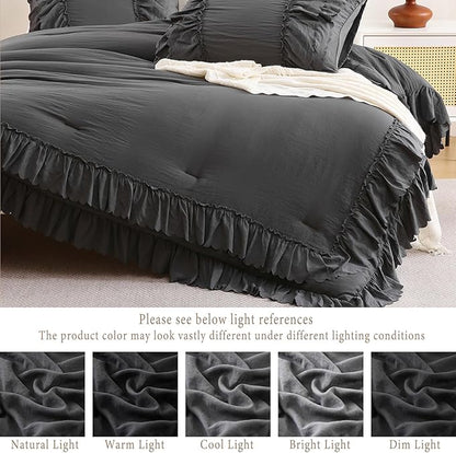 Herside Dark Grey Ruffle Comforter Set Queen Size,Shabby Chic Boho Bedding Sets, Soft Fluffy Comforters Sets for All Season,Vintage Ruffled 3 Pcs Microfiber Lightweight Quilt Set for Women Girls