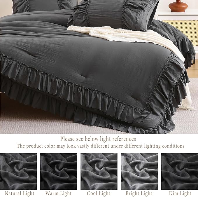 Herside Dark Grey Ruffle Comforter Set King Size,Shabby Chic Boho Bedding Sets, Soft Fluffy Comforters Sets for All Season,Vintage Ruffled 3 Pcs Microfiber Lightweight Quilt Set for Women Girls