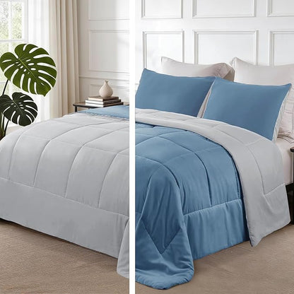 Exclusivo Mezcla Lightweight Reversible King Size Comforter Set, Down Alternative Comforter with 2 Pillow Sham, King Size Bedding Set for All Seasons, Bluish Grey