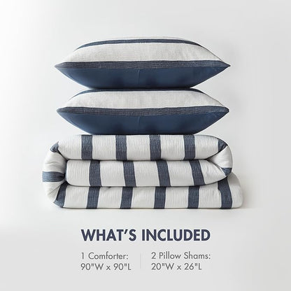 Madison Park Essentials Striped Comforter Set Queen Size, Yarn-Dyed Reversible Comforter with Minimalist Stripes, Crinkled Texture Bedding Set for All-Season Lightweight Warmth, Merritt Blue
