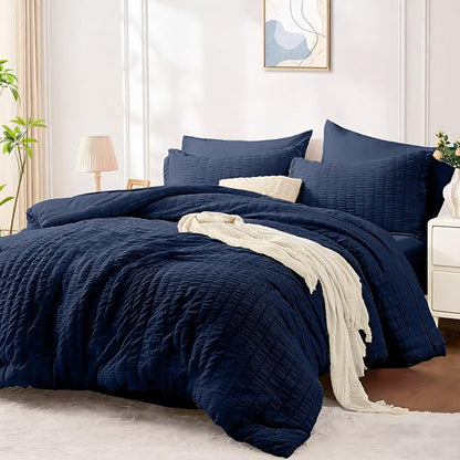 FUANNA Full Size Comforter Sets 7 Pieces, Luxury Seersucker Bed in a Bag Full for All Seasons, Soft Bed Sets with Comforter, Flat Sheet, Fitted Sheet, Pillowcases & Shams for Bedroom, Navy Blue