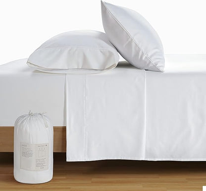 LANE LINEN 600 Thread Count 100% Mercerized Cotton White Twin Sheet Set - Soft & Cmofy Hotel Like Thick Cotton Bedding Sheets & Pillowcases, Sateen Weave Silky Finish Luxury White Bed Sheets Set