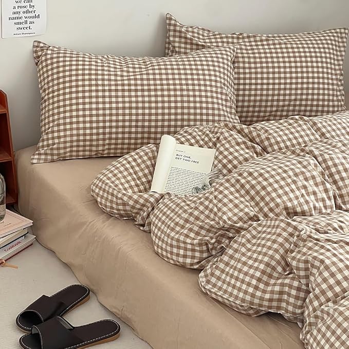 Nayoroom Brown Gingham Comforter Set Queen Size Tan Plaid Checkered Comforter 3 Pieces Soft Lightweight Grid Farmhouse Dorm Bedding Set for All Seasons