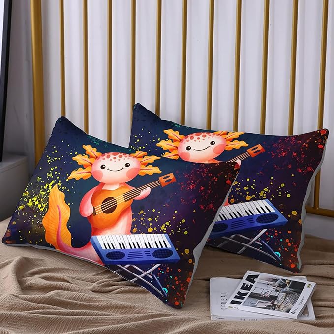 HOSIMA Axolotl Bedding Set for Kids Bedroom Decor,Cute Cartoon Axolotl and Colorful Background Kawaii Bedding Set for Girls Kids,Cartoon Sea Animals Axolotl Twin Comforter with 2 Pillowcase