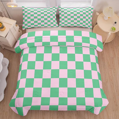 Tailor Shop Green Pink Plaid Comforter Sets Full Women Men Green Checkerboard Grid Bedding Boys Girls Modern Grass Checkered Geometric Quilts Aesthetic Room Decor with 2 Pillowcases……