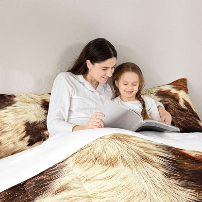Erosebridal Cow Print Comforter Set King Cowhide Bedding Sets Adult Women Men Highland Cow Fur Comforter Western Farm Wild Animal Down Comforter Brown White Bull Cattle Skin Duvet Insert 3Pcs